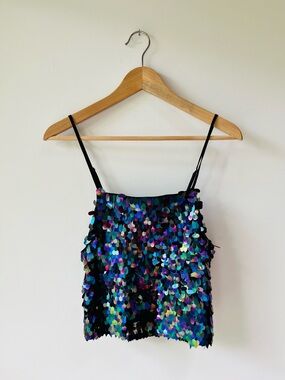 Forever 21 Y2K Sequin Cami Tank Top in Iridescent Blue-Green Party Festival - S